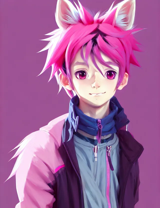 Image similar to portrait of a cute anime boy with pink hair and pink wolf ears and pink wolf tail wearing stylish clothes | | highly detailed digital art painting by ruan jia, cory loftis, jeremy mann. artstation, pinterest, volumetric lighting, subsurface scattering, photorealistic, octane render, random artists