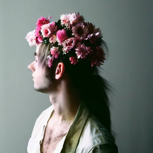 Image similar to kodak portra 4 0 0 photograph of a skinny blonde goth guy standing in a cluttered bedroom, back view, flower crown, moody lighting, telephoto, 9 0 s vibe, blurry background, vaporwave colors, faded!,