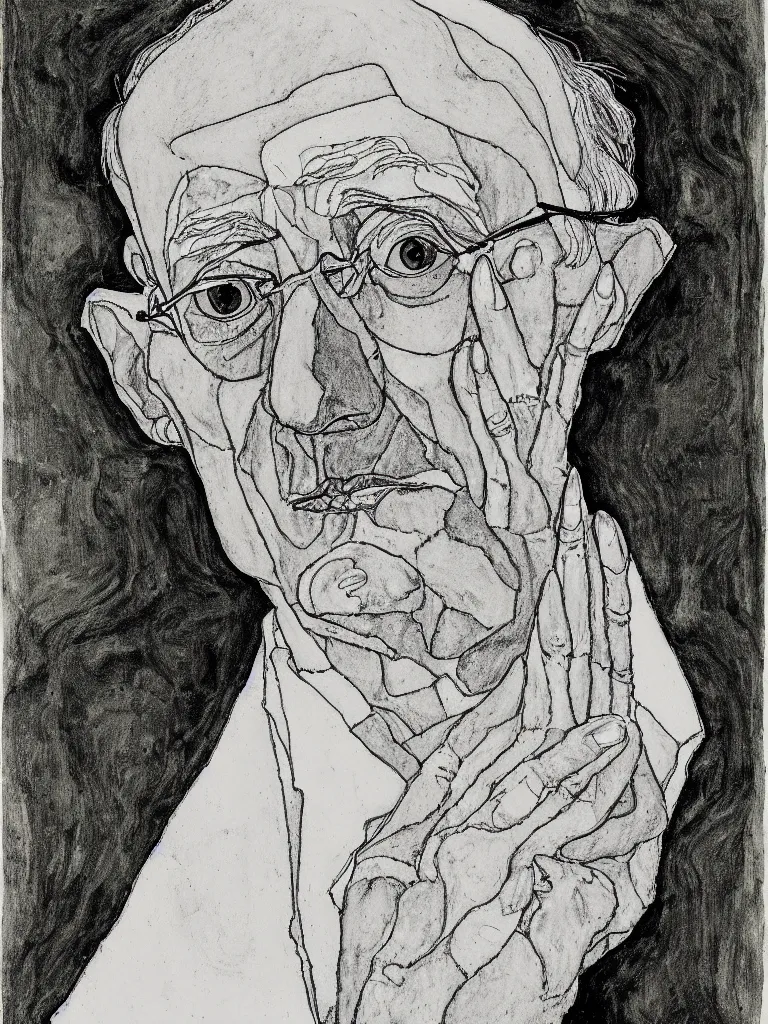 Prompt: a detailed line art portrait of writer hermann hesse, inspired by the work of egon schiele.