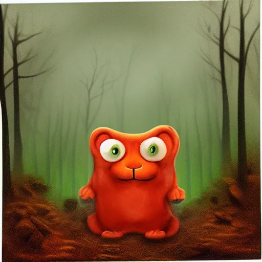 Image similar to Cuddly slime creature wandering a dark deep forest, Airbrush Style, Foggy, Moody, Horror