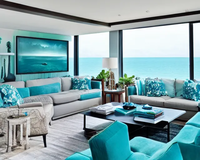 Image similar to A modern living room in a ocean hues style, inspired by the ocean, ocean view, luxurious wooden coffee table, calm, relaxed style, harmony, wide angle shot, 8k resolution