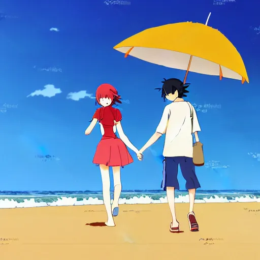 Image similar to anime girl and boy walking together on the Beach, Rain, umbrella, by makoto shinkai, Studio Ghibli, anime wallpaper, flat colors