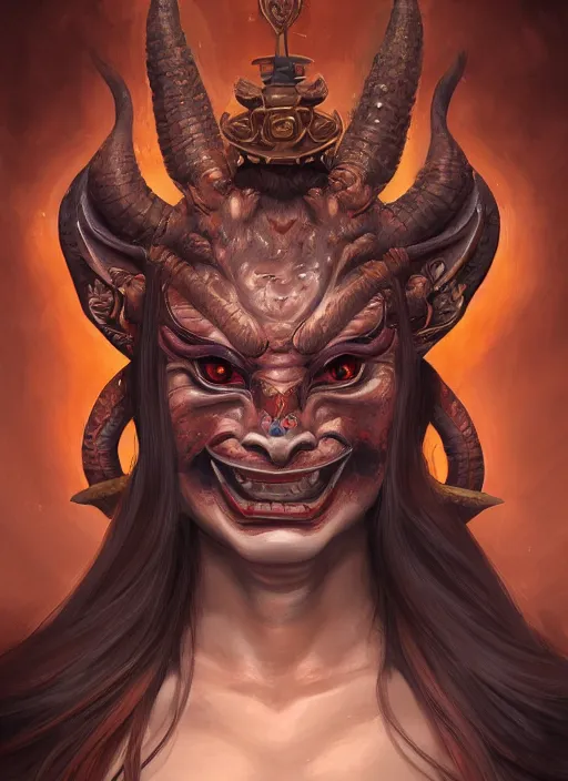 Image similar to a beautiful detailed oil on copper art illustration of a oni hannya mask shogun dragon woman, centered, by charlie bowater, zeng fanzh, trending on artstation, dim dusk lighting, cinematic lighting, detailed lighting, volumetric lighting, realistic, f 8, 4 k hd wallpaper