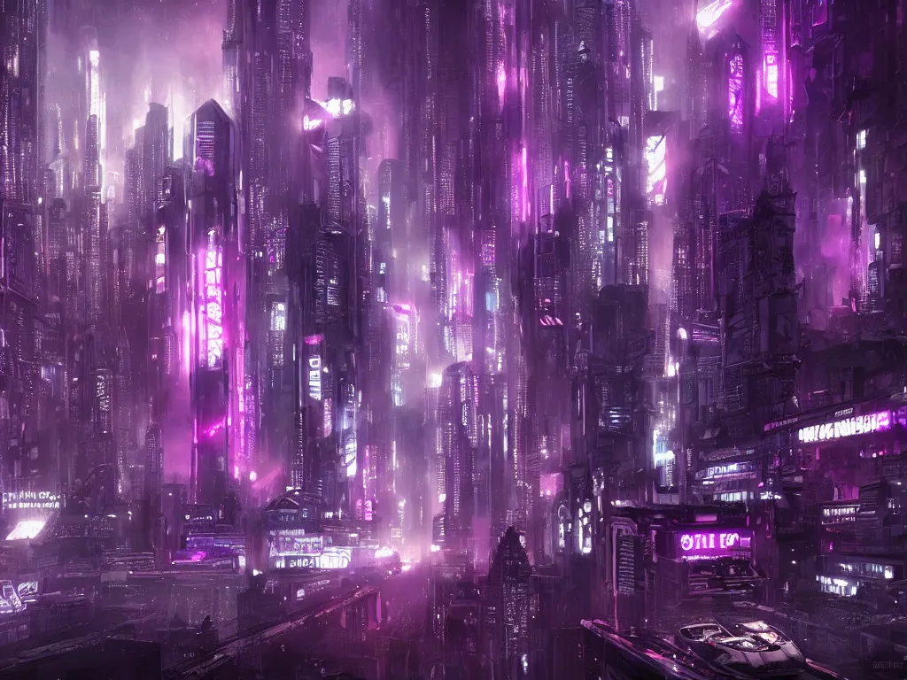 Image similar to blade runner city, high quality, cyberpunk, purple