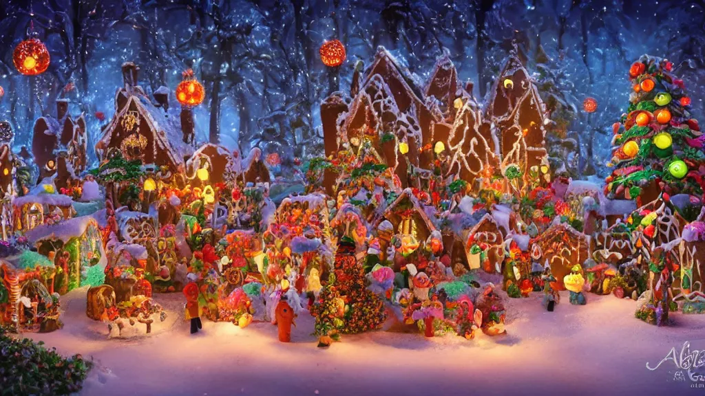 Prompt: gingerbread candy village, colorful, fantasy, fairytale, intricate, forest, fireflies, flowers, halloween, christmas, snow, hansel and gretel, bokeh, medium shot, visually stunning, depth of field 1 0 0 mm, cinematic scene, studio quality, unreal engine, octane render, trending on artstation, artgerm, cgsociety