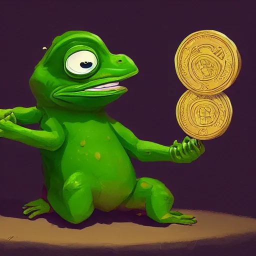 Image similar to super rich happy pepe, luxury, treasury, coins, money, hyper detalied, blue crystals, greg rutkowski, artstation