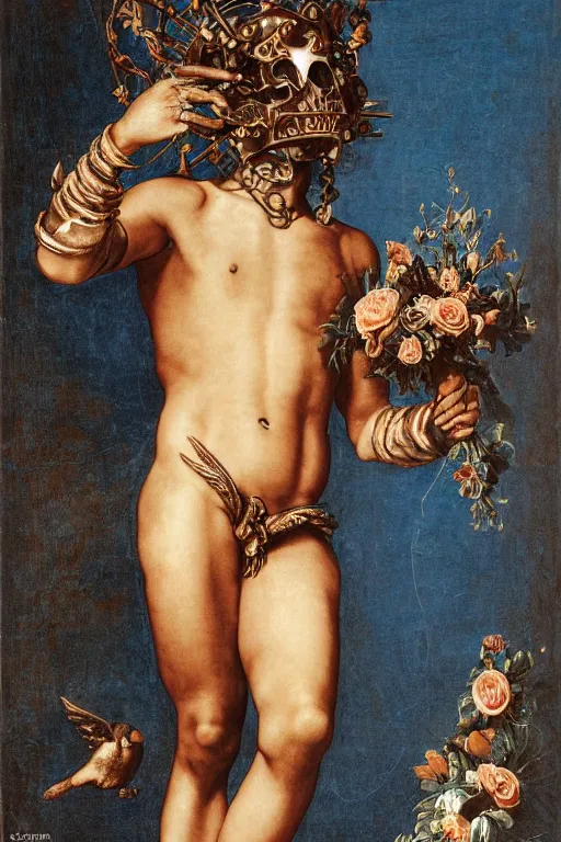 Image similar to a young handsome Spanish metal android with a large glowing battery in the center of his chest in a full-body bronze cyberpunk style statue of Icarus with glowing blue eyes, crown of peach roses, flowing teal-colored silk, fabric, flowers. baroque elements, human skull. full-length view. baroque element. intricate artwork by caravaggio. many many birds birds on background. Trending on artstation, octane render, cinematic lighting from the right, hyper realism, octane render, 8k, depth of field, 3D