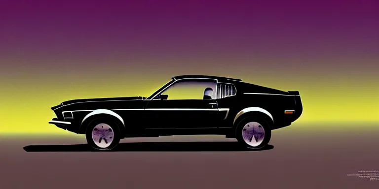 Prompt: a cinematic keyframe matte painting of a sleek 1 9 7 0 s vaporwave concept vehicle retro - futurism sci - fi ford mustang fast back knight rider blacked out car in an open garage in the american southwest, view from the street. in the moonlight. cactus. by eric lafforgue, glennray tutor and edward hopper, greg rutkowski. trending on artstation.