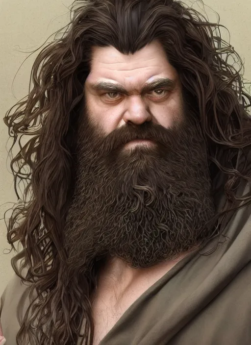 Prompt: portrait of a herculean well groomed hagrid with flowing long brown hair, epic beard, style of god of war, swarm of sand, intricate, elegant, highly detailed, digital painting, artstation, concept art, smooth, sharp focus, illustration, art by artgerm and greg rutkowski and alphonse mucha, 8 k