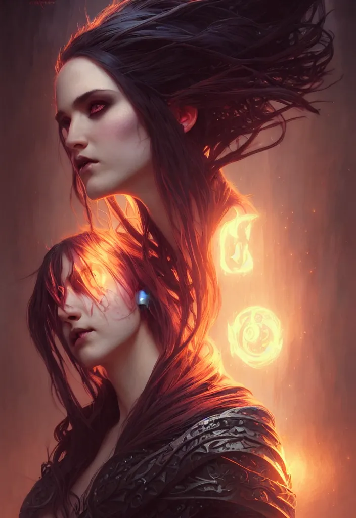 Image similar to Necromancer Sorceress face in center, fantasy magic, undercut hairstyle, dark light night, intricate, elegant, sharp focus, illustration, highly detailed, digital painting, concept art, matte, art by WLOP and Artgerm and Greg Rutkowski and Alphonse Mucha, masterpiece