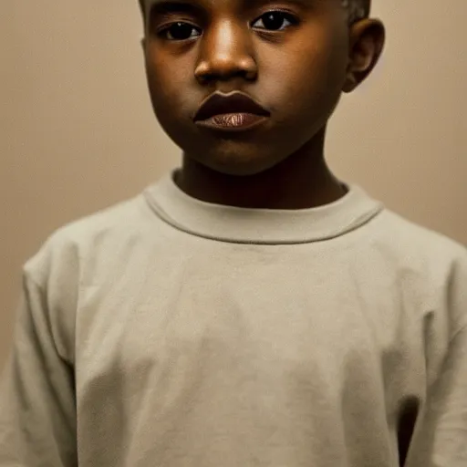 Prompt: the face of young kanye west at 9 years old, portrait by julia cameron, chiaroscuro lighting, shallow depth of field, 8 0 mm, f 1. 8