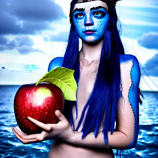 Prompt: a dnd Triton girl with blue skin and messy black hair wearing an elaborate costume made out of seashells sitting on the deck of a ship and holding an apple, a little blue-skinned girl with messy black hair sharp pointed ears freckles along the ridges of her cheeks, dnd triton, high resolution film still, 4k, HDR colors