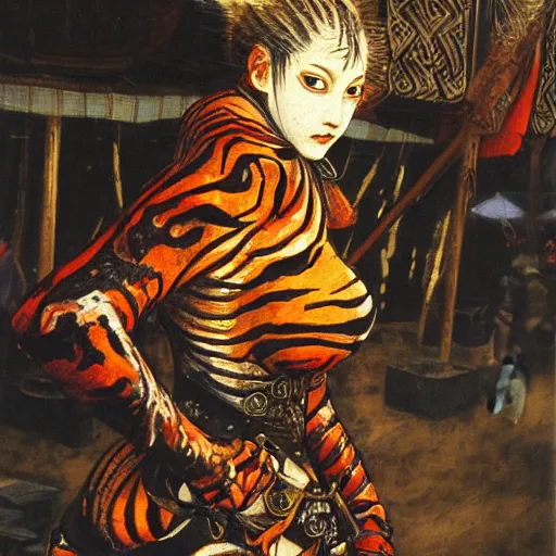 Image similar to 8k Yoshitaka Amano painting of upper body of a young cool looking slim tigress tiger beast-girl at a medieval market at windy day. Depth of field. She is wearing leather armor. Renaissance style lighting