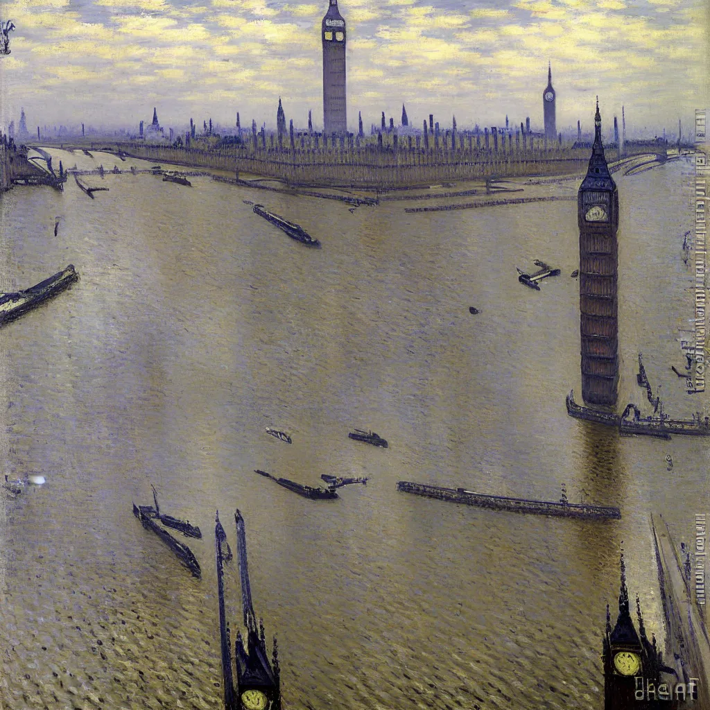 Prompt: gustave caillebotte painting of london in sunny rainy day, big ben