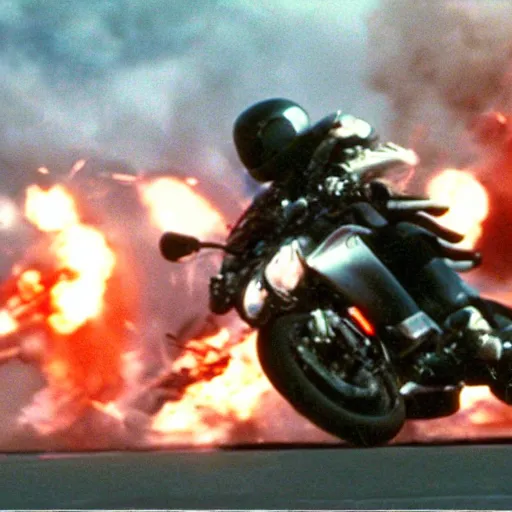 Image similar to film still from 'Displaced Future' (1997). Exciting future action scene of a motorcycle and explosions. Sigma 85mm f/8