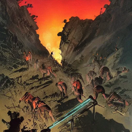 Image similar to mob of torch welding villagers walking up a hill at night. Artwork by Frank Frazetta