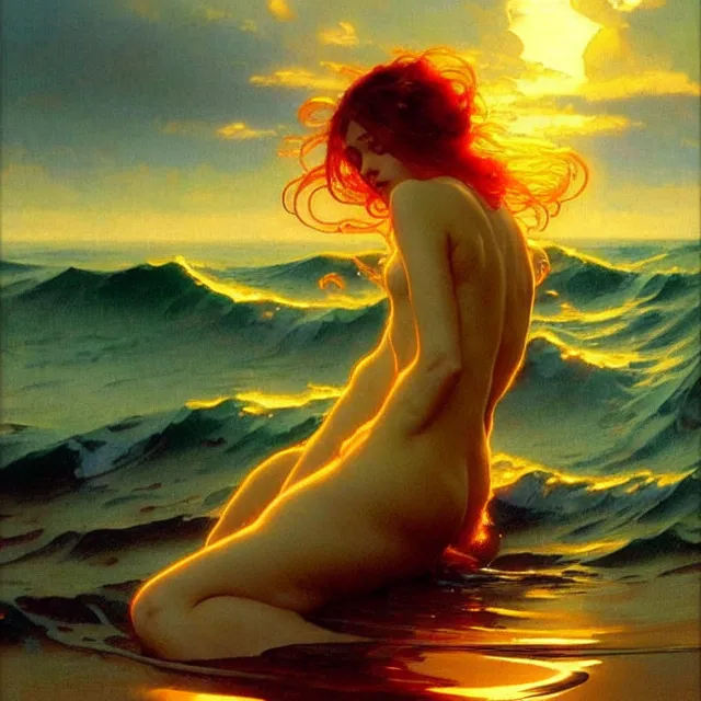 Image similar to ocean waves of glossy liquid honey drops flowing like translucent amber, lsd waves, lsd ripples, backlit, sunset, refracted lighting, art by collier, albert aublet, krenz cushart, artem demura, alphonse mucha