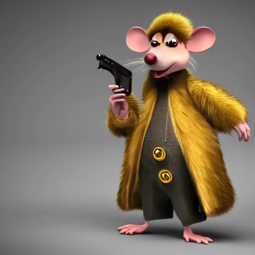 Image similar to 3d anthropomorphic rat, disney pixar, holding tommy gun, velvet, fur coat, high quality, golden necklace, fendi, high fashion