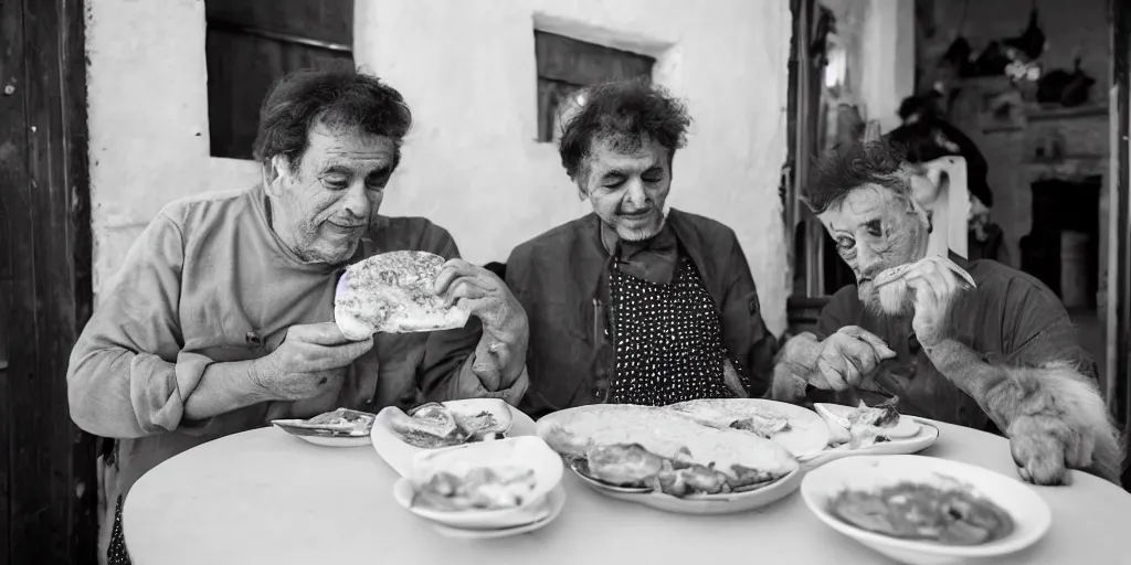 Prompt: photography of a cat eating mortadella with his loved owner at a trullo house, photoreal, 3 5 mm, award winning photography