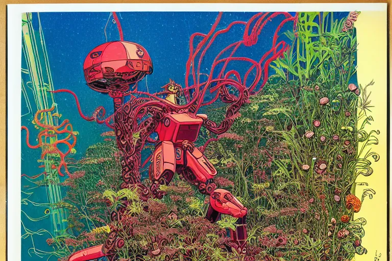 Prompt: risograph grainy drawing vintage sci - fi, satoshi kon color palette, gigantic gundam full - body covered with iridescent worms and plants 1 9 6 0, kodak, with lot tentacles and exotic flowers, natural colors, codex seraphinianus painting by moebius and satoshi kon and dirk dzimirsky