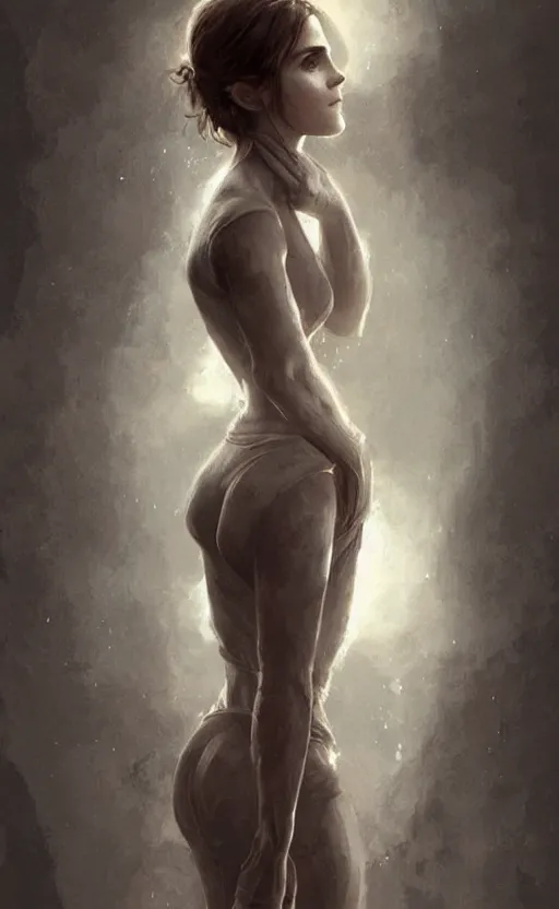 Prompt: emma watson with an very long torso, possibly extra limbs, intricate, detailed, volumetric lighting, digital painting, concept art, by artgerm and greg rutkowski