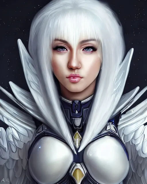 Prompt: perfect white haired attractive egyptian goddess with huge white dove wings, warframe armor, beautiful, symmetric, miley cirus, half asian, pretty face, blue eyes, detailed, scifi platform, laboratory, experiment, 4 k, ultra realistic, epic lighting, android body, illuminated, cinematic, masterpiece, art by akihito tsukushi, voidstar