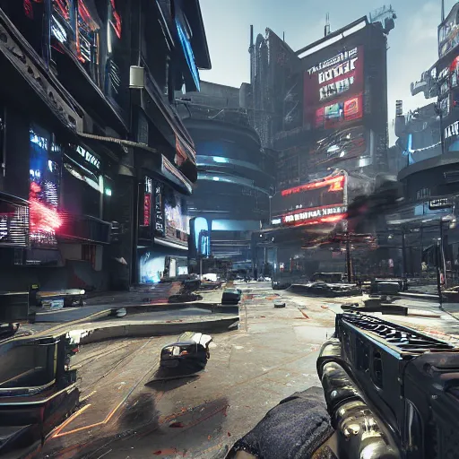 Image similar to futuristic call of duty game set in a cyberpunk city, ps 5, 8 k