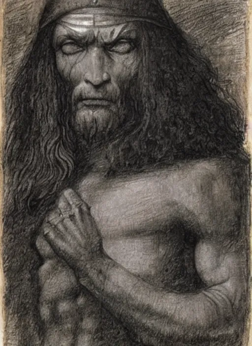 Image similar to a silverpoint drawing of Conan the barbarian by Leonardo da Vinci,