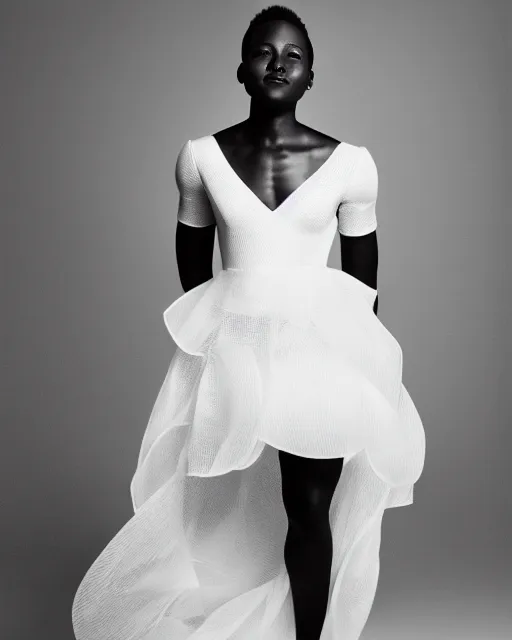 Image similar to Fully-clothed full-body portrait of Lupita Nyong'o wearing a white dress, XF IQ4, 50mm, F1.4, studio lighting, professional, 8K