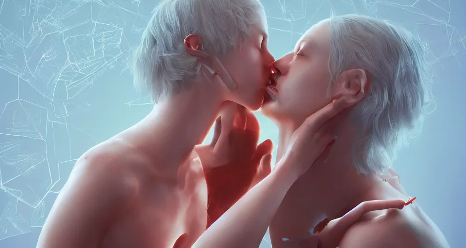 Image similar to x - ray photos of bionic couples kissing each other, octane render, concept art, realistic, high details colourful vfx art, art by hsiao - ron cheng and james jean highly detailed, intricate detail, unreal engine, octane render