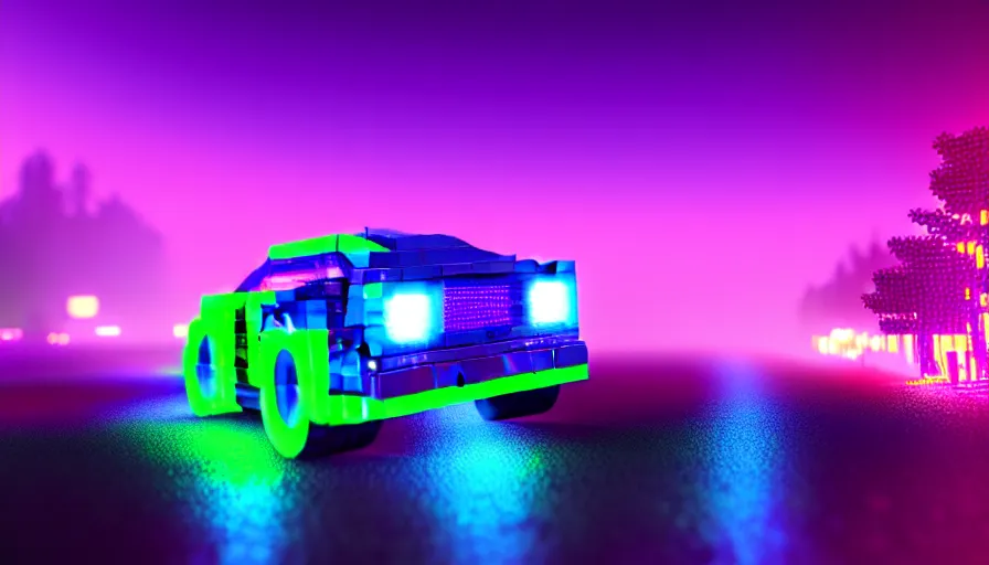 Prompt: luminescent lego car driving on a neon road into the distance with glowing cyberpunk signs leaving long glowing trails, dark magical forest, synthwave, octane render, purple fog, futuristic, sunset, purple rays, reflective mirror puddles, beautiful lighting, ultra realistic, highly detailed, 8 k