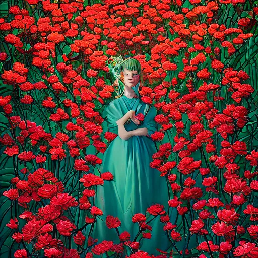 Image similar to hyper detailed illustration - surreal flowers bushes everywhere, long petals, entangled foliage, glowing blossoms, huge blossoms, generative art by James Jean, Masterpiece, Edward Hopper and James Gilleard, Ross Tran, Mark Ryden, Wolfgang Lettl, hints of Yayoi Kasuma, surreal