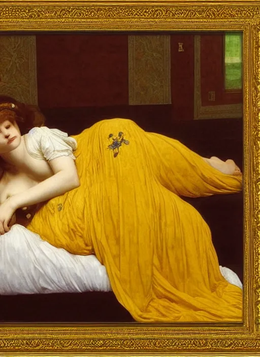 Image similar to portrait of lady reclining on bed wearing yellow ochre ornate medieval dress, foreshortening, framed, preraphaelite colour photography by frederic leighton, william morris, 8 k