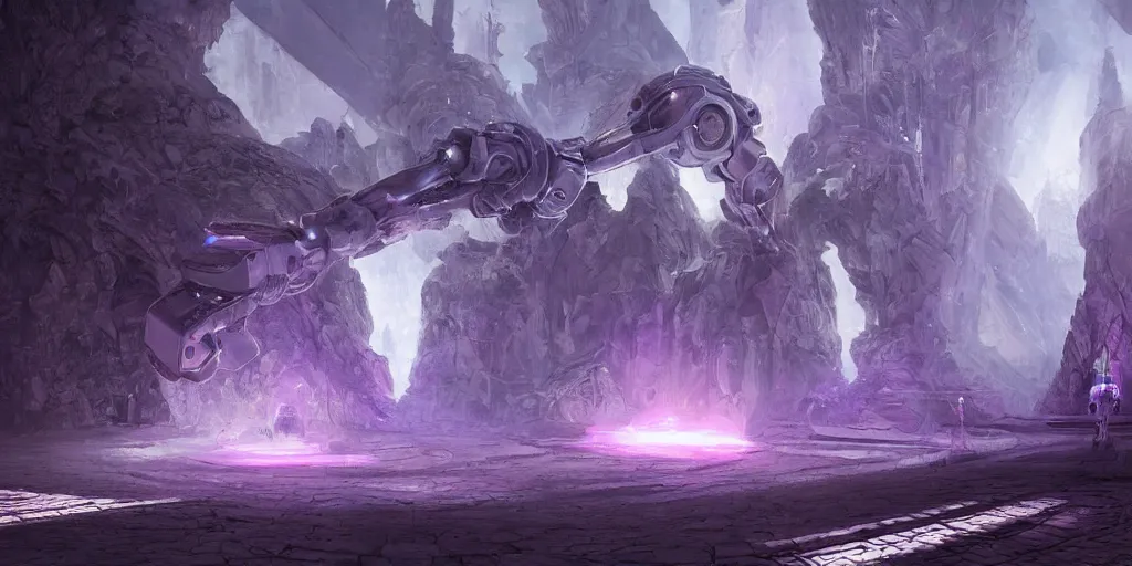 Prompt: a digital painting of a big robot made of white stone, purple crystal inlays, by jonas de ro, keeping the entrance of a sanctum, crystals enlight the scene, view is centered on the robot, cinematic lights, at dawn, unreal engine, attestation, deviantart