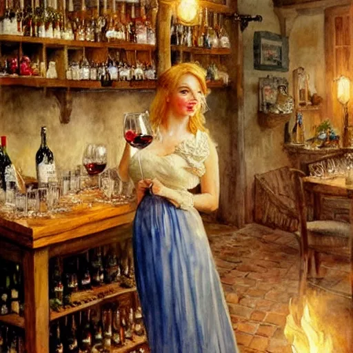 Prompt: beautiful blonde in hot dress in a wine cellar, food, pork, beer, schnapps, rustic, traditional, torches on the wall, watercolor by vladimir volegov, highly detailed, masterpiece, details by carl larsson