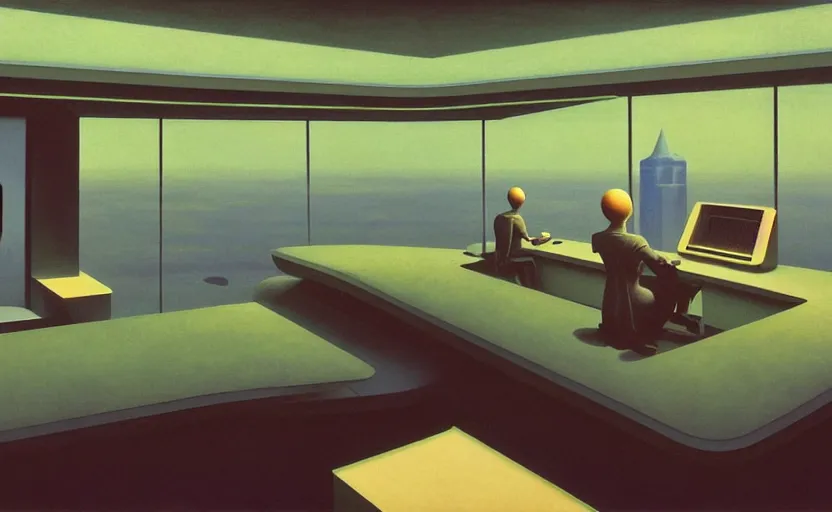 Prompt: Inside futuristic minimalist spaceship with computers, Edward Hopper and James Gilleard, Zdzislaw Beksinski, Mark Ryden, Wolfgang Lettl highly detailed, hints of Yayoi Kasuma