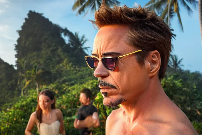 Image similar to a full portrait photo of robert downey jr holiday in bali, f / 2 2, 3 5 mm, 2 7 0 0 k, lighting, perfect faces, award winning photography.