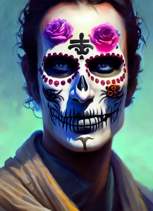 Image similar to portrait of dia de muertos as rick grimes, extremely detailed digital painting, in the style of fenghua zhong and ruan jia and jeremy lipking and peter mohrbacher, mystical colors, rim light, beautiful lighting, 8 k, stunning scene, raytracing, octane, trending on artstation