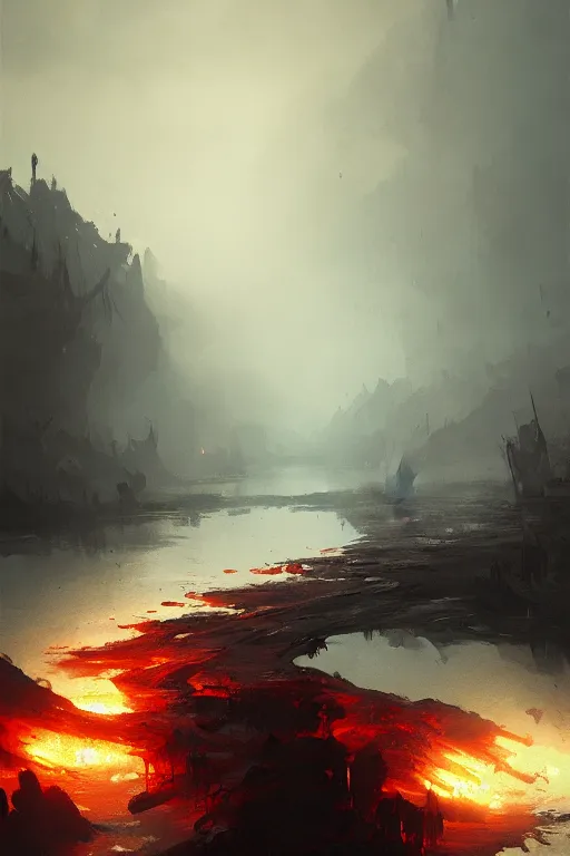 Prompt: bloody river in hell, by greg rutkowski, trending on artstation