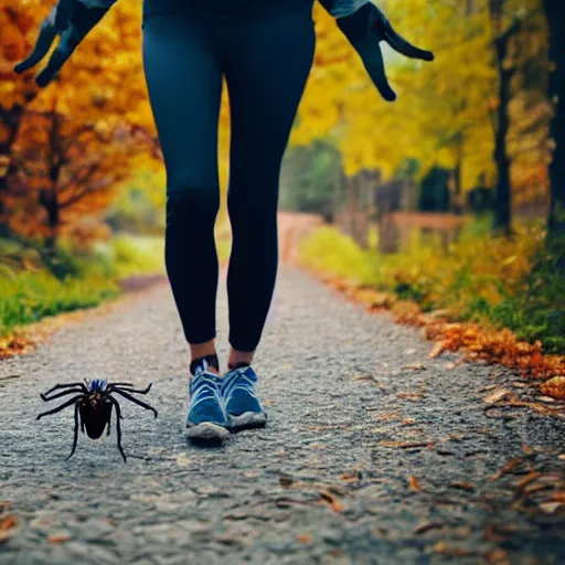 Image similar to a woman going for walk, holding hands with a spider.