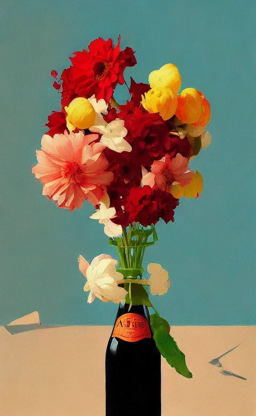 Image similar to beautiful still life featuring blooming flowers, tillamook cheese, and red wine, very coherent, painted by Edward Hopper, painted by James Gilleard, airbrush, art by JamesJean