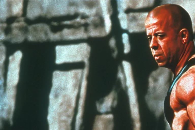 Image similar to film still of Vin Diesel as John McClane in Die Hard 1988