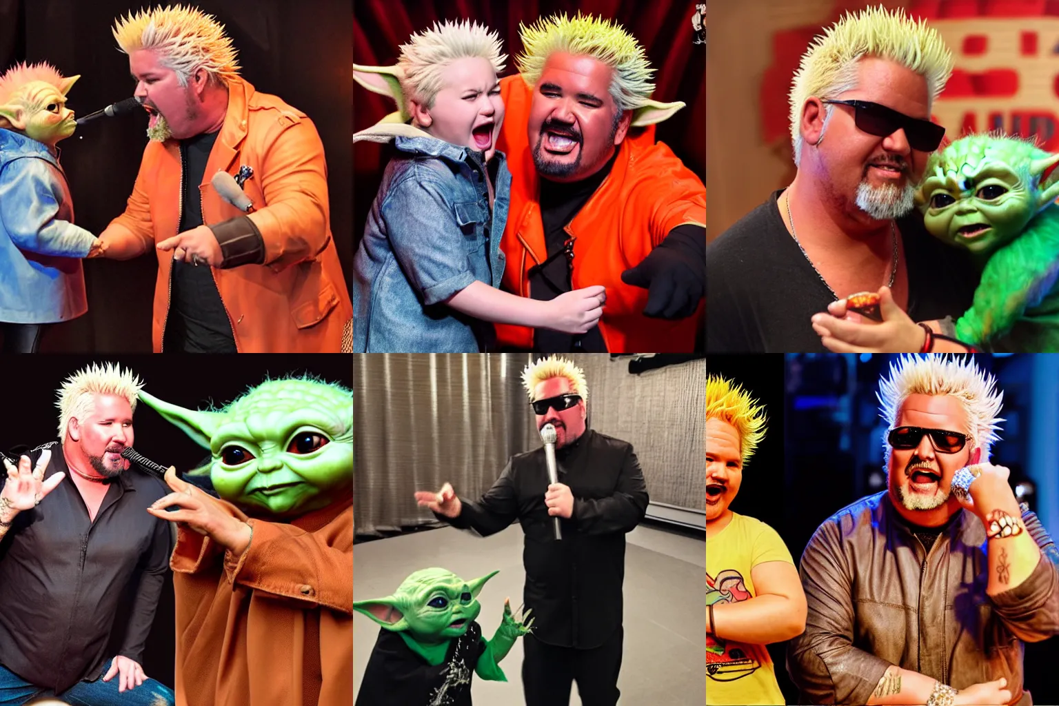 Prompt: guy fieri and baby yoda opera duet