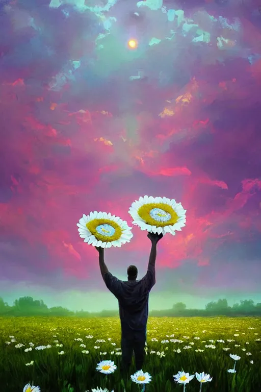 Image similar to giant white daisy flower as head, man dancing in a flower field, surreal photography, sunrise, dramatic light, impressionist painting, colorful clouds, digital painting, artstation, simon stalenhag