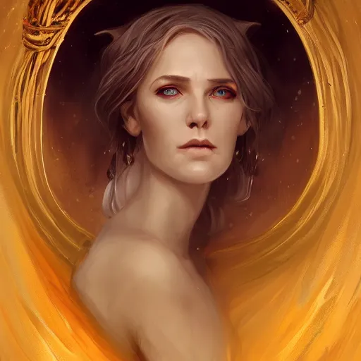 Image similar to a detailed matte head - on portrait painting of an middle - aged half - tiefling noblewoman with golden eyes and short well kept hair, by charlie bowater, lise deharme, wlop, tending on arstation, dungeons and dragon, dnd, pathfinder, fanart, oil on canvas