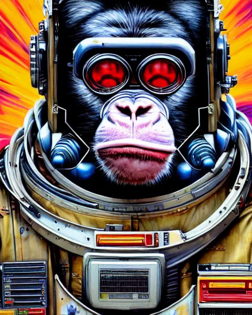 Image similar to a portrait of a muscular anthropomorphic cyberpunk howler chimp in spacesuit armor by sandra chevrier, by jon foster, detailed render, extremely hyperdetailed, tape deck, epic composition, cybernetics, 4 k realistic, cryengine, realistic shaded lighting, sharp focus, masterpiece, by enki bilal