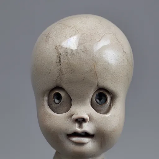 Prompt: doll head with spider legs, marble sculpture