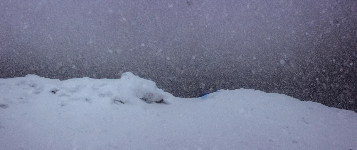 Prompt: a high quality color creepy atmospheric extreme closeup shot hd 4 k film 3 5 mm photograph of very heavy snow fall blizzard in desolate antarctica