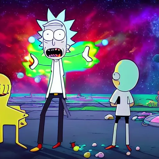 Prompt: rick and morty battle spongebob squarepants in space, galaxy, hd, explosions, gunfire, lasers, spatula, giant, epic, showdown, colorful, realistic photograph, unreal engine, movie