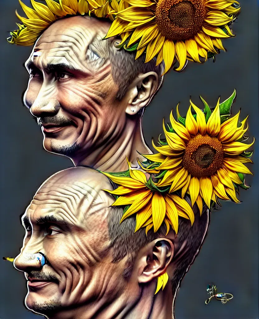 Image similar to digital art, centered full body of Putin smiling king, Sunflower crown, ,intricate, veins, by James Jean and by artgerm , by ross tran ultradetailed, charachter design, concept art, trending on artstation,